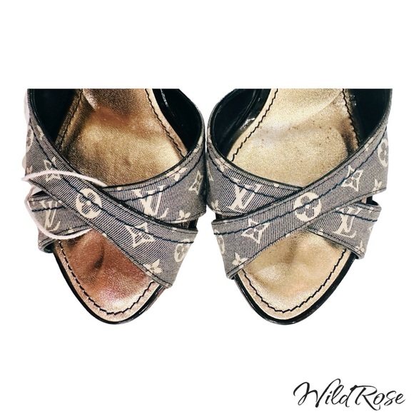 Louis Vuitton Blue Mini Lin Canvas And Patent Leather D'orsay Open Toe Pumps 37 - Picture 7 of 17